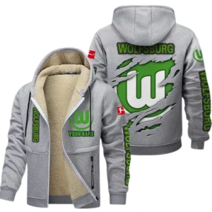 VfL Wolfsburg Dicke Fleecejacke Herren, Fleecemantel mit Allover-Print BDE89070125566 - Hellgrau