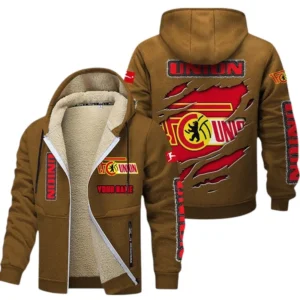 Union Berlin Dicke Fleecejacke Herren, Fleecemantel mit Allover-Print BDE89070125581 - Braun