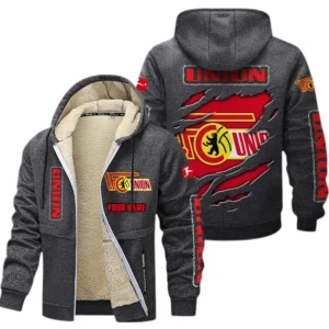 Union Berlin Dicke Fleecejacke Herren, Fleecemantel mit Allover-Print BDE89070125581 - Dunkelgrau