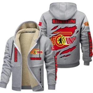 Union Berlin Dicke Fleecejacke Herren, Fleecemantel mit Allover-Print BDE89070125581 - Hellgrau