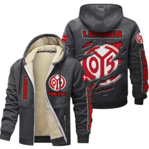 1. FSV Mainz 05 Dicke Fleecejacke Herren, Fleecemantel mit Allover-Print BDE89070125588 - Dunkelgrau