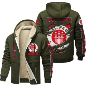 FC St. Pauli Dicke Fleecejacke Herren, Fleecemantel mit Allover-Print BDE89070125590 - Olivgrün