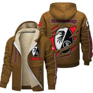 SC Freiburg Dicke Fleecejacke Herren, Fleecemantel mit Allover-Print BDE89070125593 - Braun