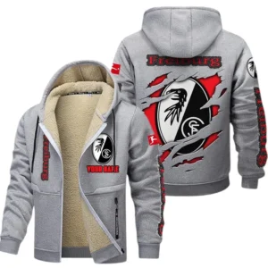 SC Freiburg Dicke Fleecejacke Herren, Fleecemantel mit Allover-Print BDE89070125593 - Hellgrau