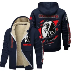 SC Freiburg Dicke Fleecejacke Herren, Fleecemantel mit Allover-Print BDE89070125593 - Marineblau