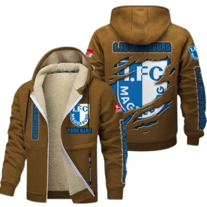 1. FC Magdeburg Dicke Fleecejacke Herren, Fleecemantel mit Allover-Print BDE89070125596 - Braun
