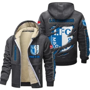 1. FC Magdeburg Dicke Fleecejacke Herren, Fleecemantel mit Allover-Print BDE89070125596 - Dunkelgrau