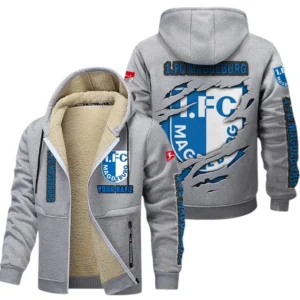 1. FC Magdeburg Dicke Fleecejacke Herren, Fleecemantel mit Allover-Print BDE89070125596 - Hellgrau