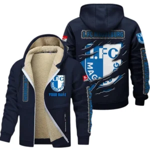 1. FC Magdeburg Dicke Fleecejacke Herren, Fleecemantel mit Allover-Print BDE89070125596 - Marineblau