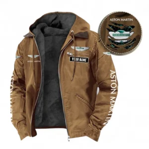 ASTON MARTIN Fans Geschenk Hoodie mit Kapuze und Flanell, Pullover Allover-Print mit individuellem Namen CAR391072125705-Kamel