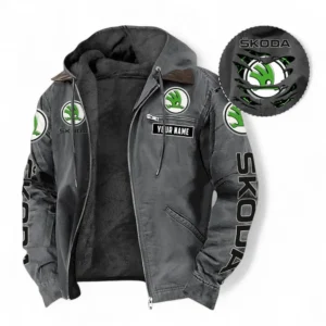 Skoda Auto Fans Geschenk Hoodie mit Kapuze und Flanell, Pullover Allover-Print mit individuellem Namen CAR391072125729-Grau