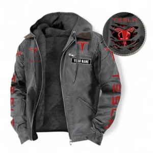 Tesla Fans Geschenk Hoodie mit Kapuze und Flanell, Pullover Allover-Print mit individuellem Namen CAR391072125730-Grau