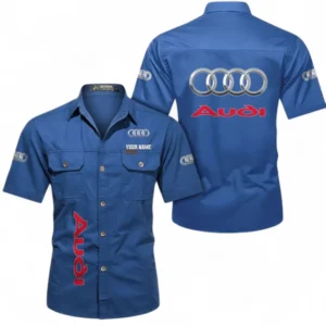 Audi Fans Geschenk Hemd mit kurzen Ärmeln, Kurzarmhemd Allover-Print personalisiert mit Namen CAR392072125783-Cowboyblau