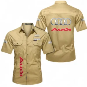 Audi Fans Geschenk Hemd mit kurzen Ärmeln, Kurzarmhemd Allover-Print personalisiert mit Namen CAR392072125783-Khaki