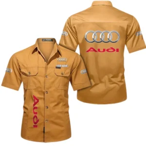 Audi Fans Geschenk Hemd mit kurzen Ärmeln, Kurzarmhemd Allover-Print personalisiert mit Namen CAR392072125783-Gelb-Orange