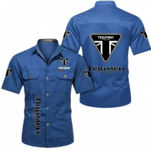 Triumph Fans Geschenk Hemd mit kurzen Ärmeln, Kurzarmhemd Allover-Print personalisiert mit Namen CAR392072125837-Cowboyblau
