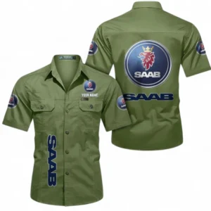 Saab Fans Geschenk Hemd mit kurzen Ärmeln, Kurzarmhemd Allover-Print personalisiert mit Namen CAR392072125838-Fruchtgrün