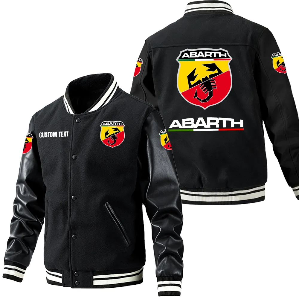 Abarth Leder-Baseballjacke für Auto-Fans – Ärmel mit All-Over-Print, personalisierbar mit Wunschname CAR1801112025 - Schwarz