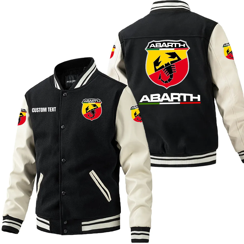 Abarth Leder-Baseballjacke für Auto-Fans – Ärmel mit All-Over-Print, personalisierbar mit Wunschname CAR1801112025 - Schwarz Weiß