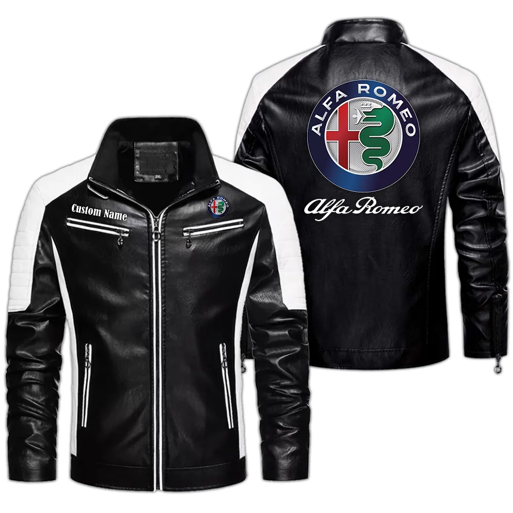 Alfa Romeo Custom Herren Lederjacke für Autoliebhaber, Perfektes Geschenk mit Namen  CAR0401022029 - Schwarz
