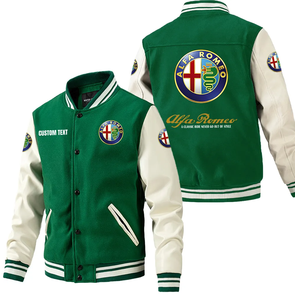 Alfa Romeo Leder-Baseballjacke für Auto-Fans – Ärmel mit All-Over-Print, personalisierbar mit Wunschname CAR1801112039 - Grün