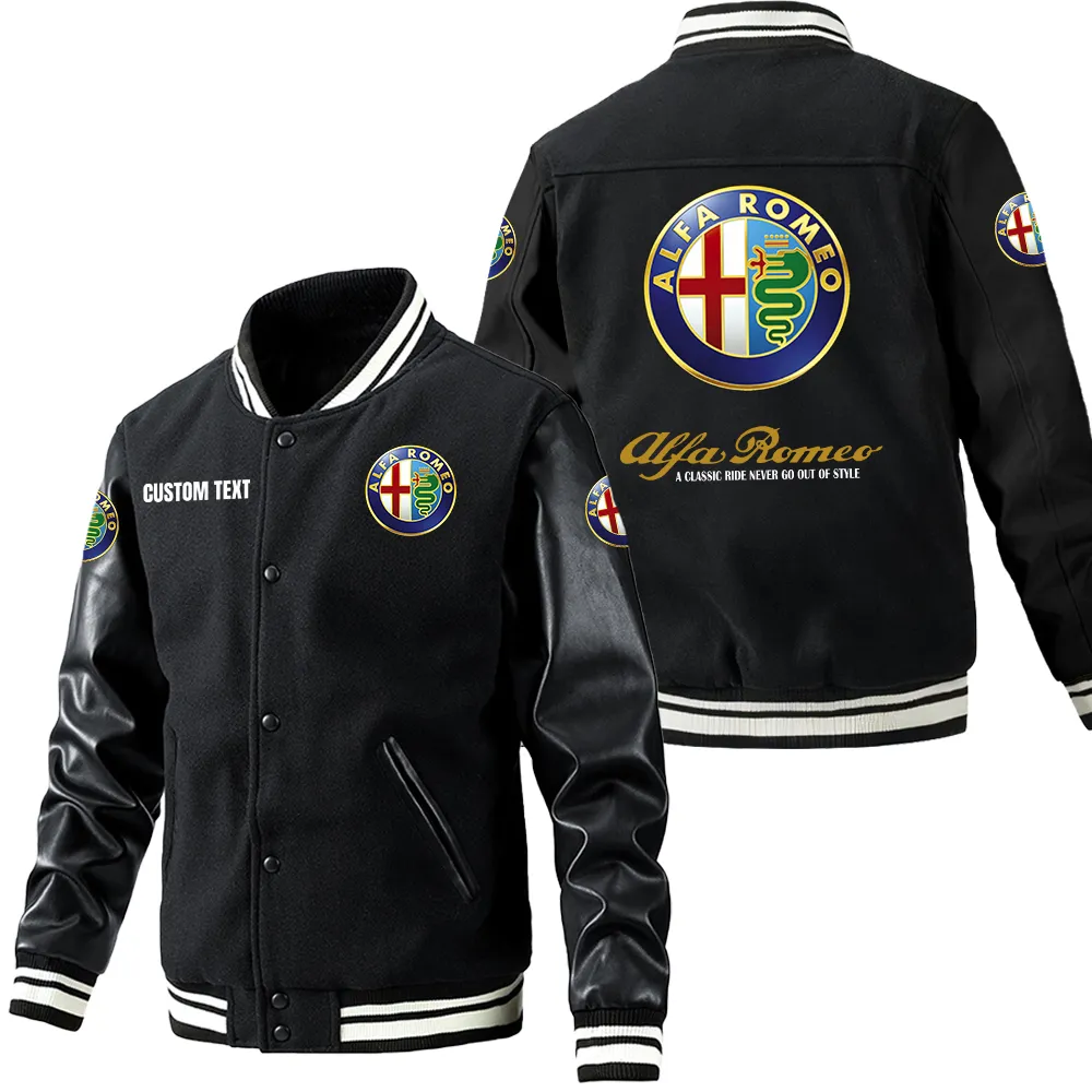 Alfa Romeo Leder-Baseballjacke für Auto-Fans – Ärmel mit All-Over-Print, personalisierbar mit Wunschname CAR1801112039 - Schwarz