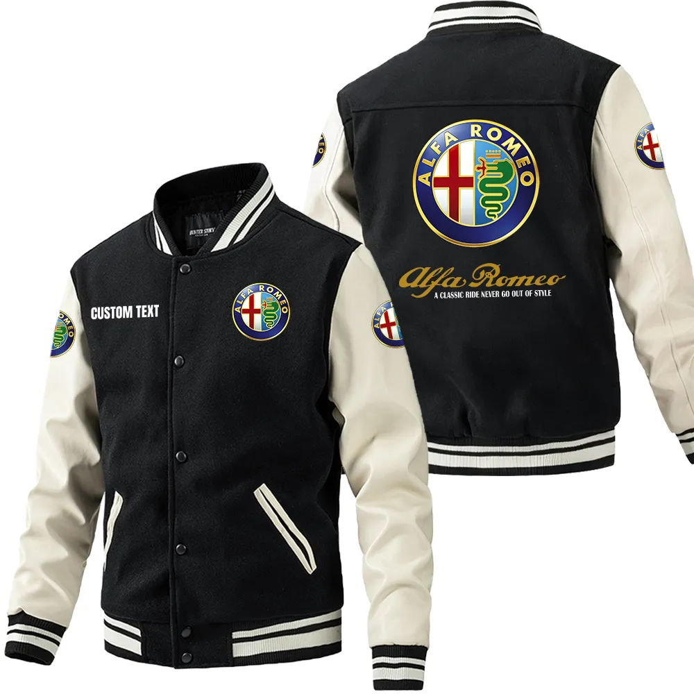 Alfa Romeo Leder-Baseballjacke für Auto-Fans – Ärmel mit All-Over-Print, personalisierbar mit Wunschname CAR1801112039 - Schwarz Weiß