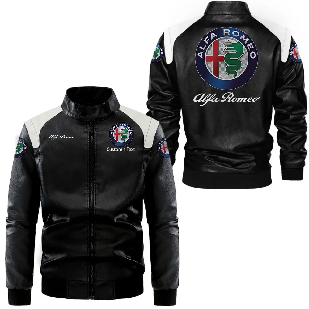 Alfa Romeo Lederjacke in Schwarz-Weiß für Auto-Fans, Allover-Print, personalisierbar mit Wunschname CAR0801062030