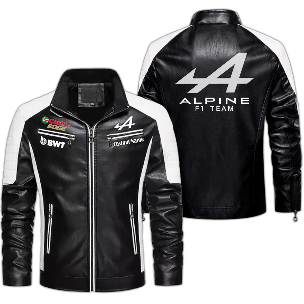 Alpine F1 Custom Herren Lederjacke für Autoliebhaber, Perfektes Geschenk mit Namen  CAR0401022033 - Schwarz