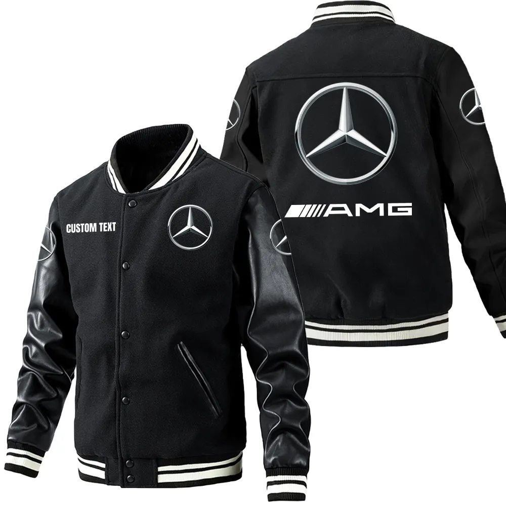 AMG Leder-Baseballjacke für Auto-Fans – Ärmel mit All-Over-Print, personalisierbar mit Wunschname CAR1801112029 - Schwarz