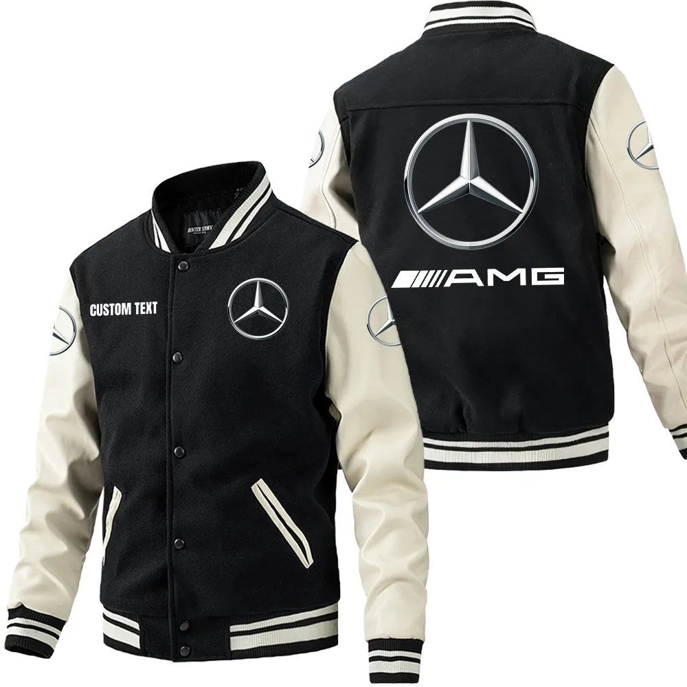 AMG Leder-Baseballjacke für Auto-Fans – Ärmel mit All-Over-Print, personalisierbar mit Wunschname CAR1801112029 - Schwarz Weiß
