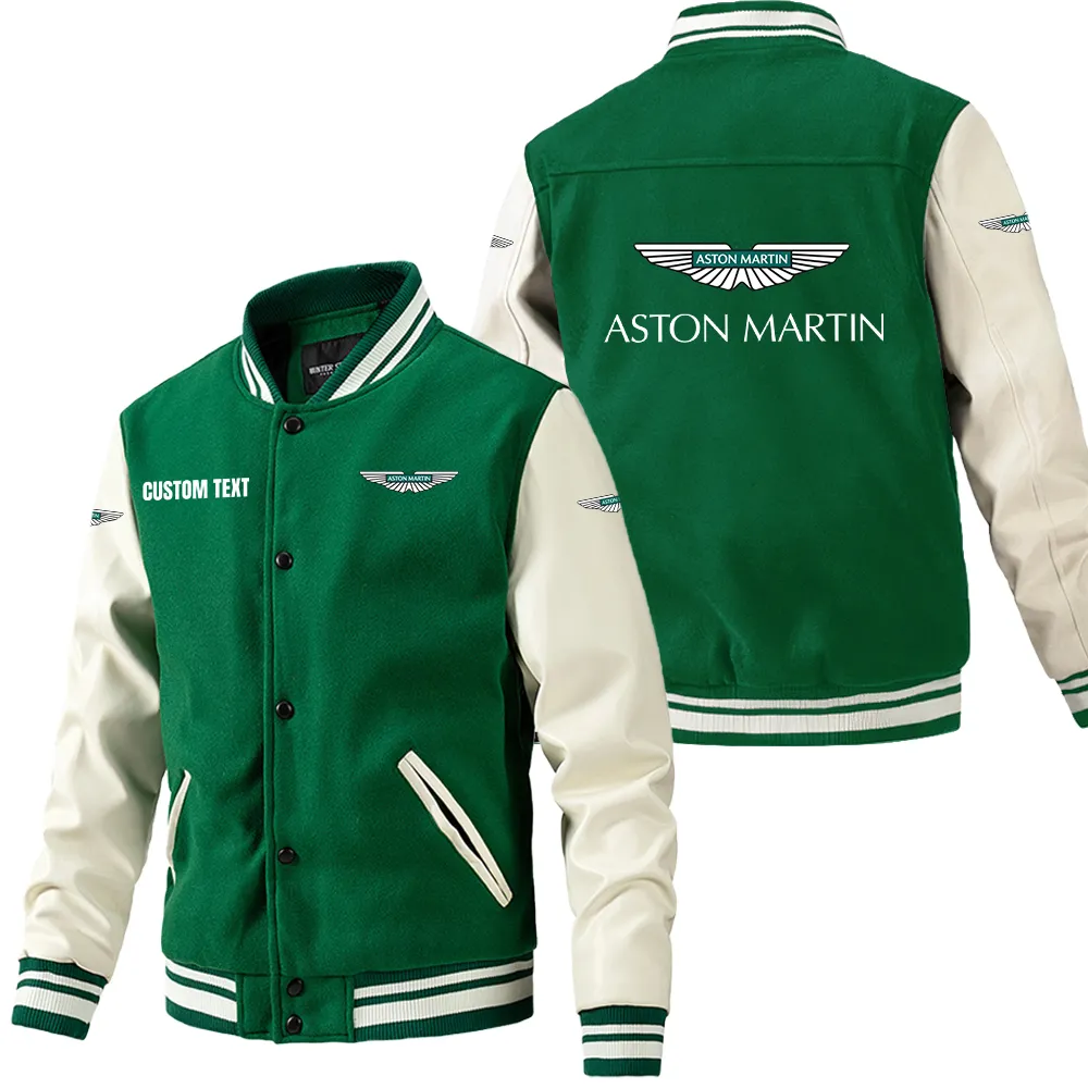 Aston Martin Leder-Baseballjacke für Auto-Fans – Ärmel mit All-Over-Print, personalisierbar mit Wunschname CAR1801112032 - Grün