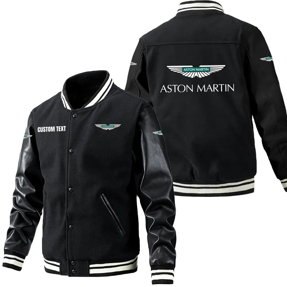 Aston Martin Leder-Baseballjacke für Auto-Fans – Ärmel mit All-Over-Print, personalisierbar mit Wunschname CAR1801112032 - Schwarz