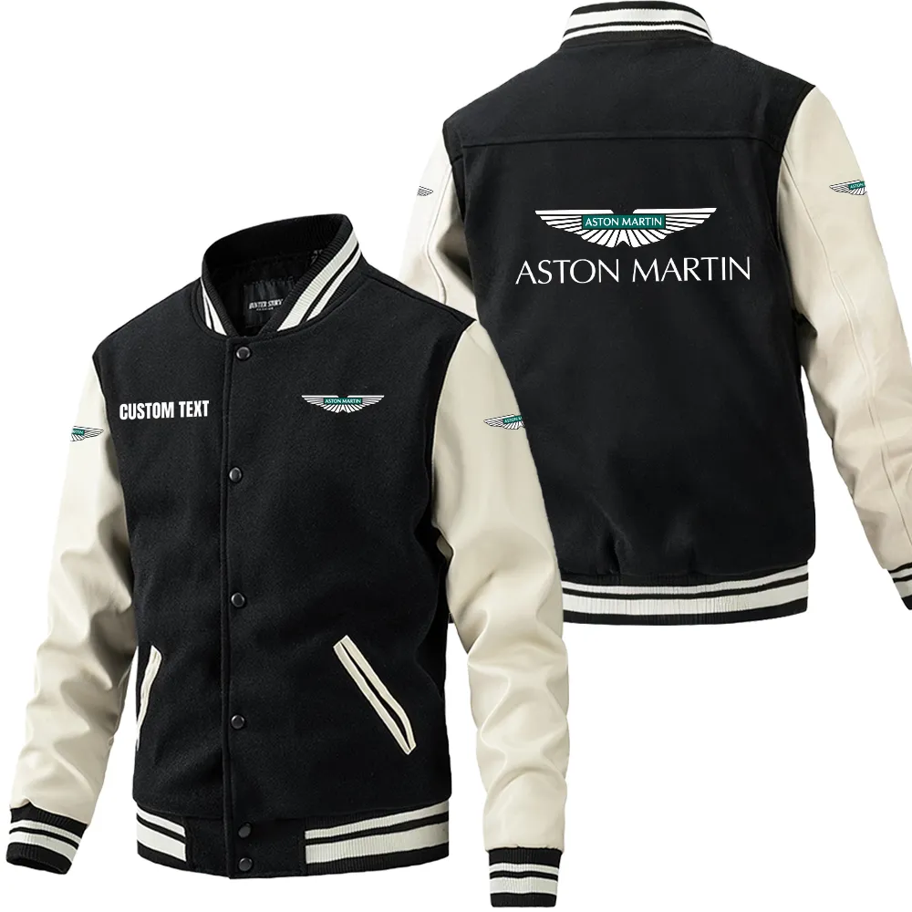 Aston Martin Leder-Baseballjacke für Auto-Fans – Ärmel mit All-Over-Print, personalisierbar mit Wunschname CAR1801112032 - Schwarz Weiß