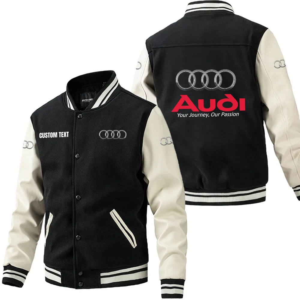 Audi Leder-Baseballjacke für Auto-Fans – Ärmel mit All-Over-Print, personalisierbar mit Wunschname CAR1801112033 - Schwarz Weiß