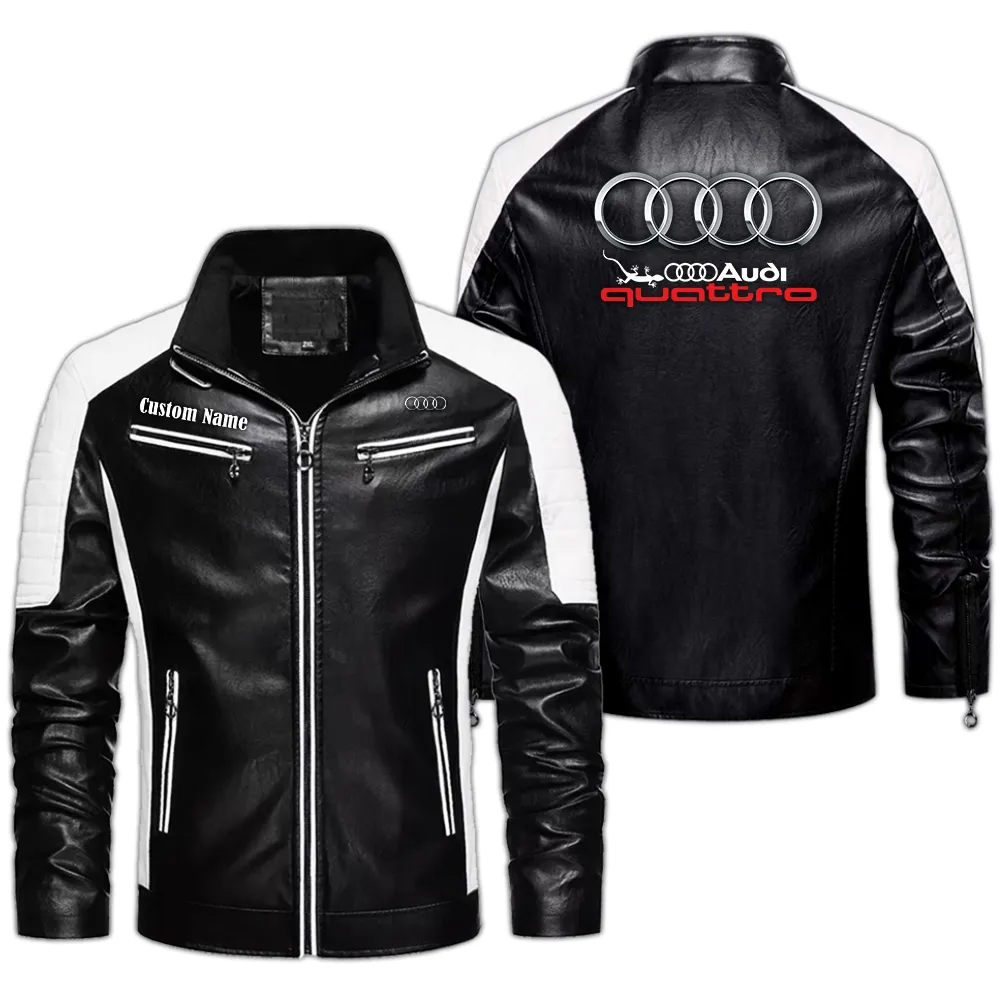 Audi Quattro Custom Herren Lederjacke für Autoliebhaber, Perfektes Geschenk mit Namen  CAR0401022045 - Schwarz