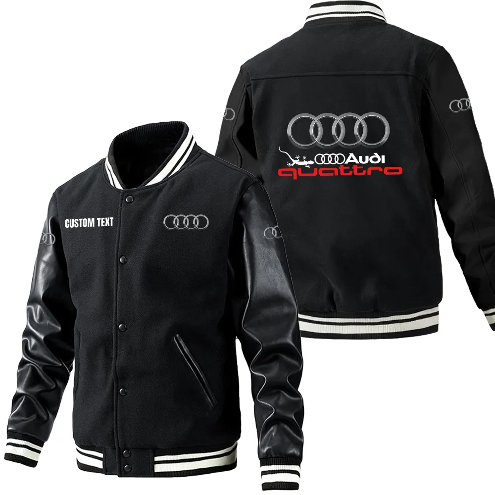 Audi Quattro Leder-Baseballjacke für Auto-Fans – Ärmel mit All-Over-Print, personalisierbar mit Wunschname CAR1801112034 - Schwarz