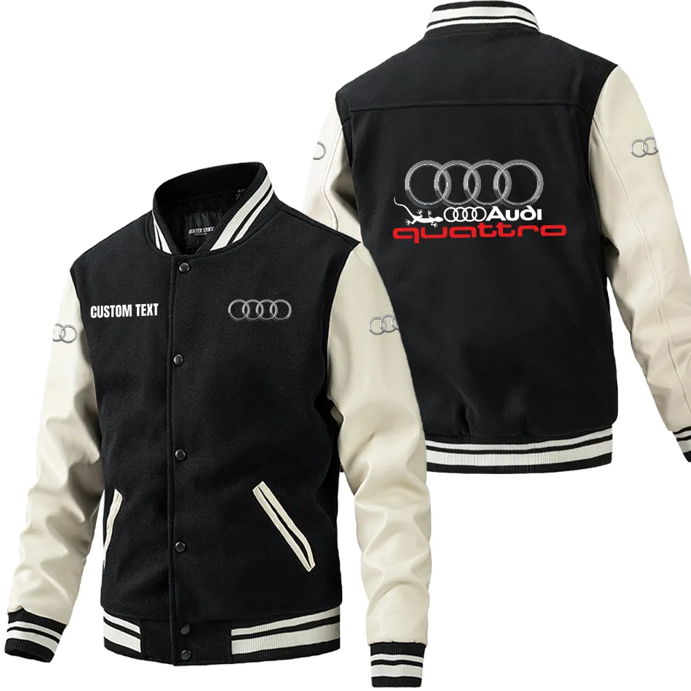 Audi Quattro Leder-Baseballjacke für Auto-Fans – Ärmel mit All-Over-Print, personalisierbar mit Wunschname CAR1801112034 - Schwarz Weiß