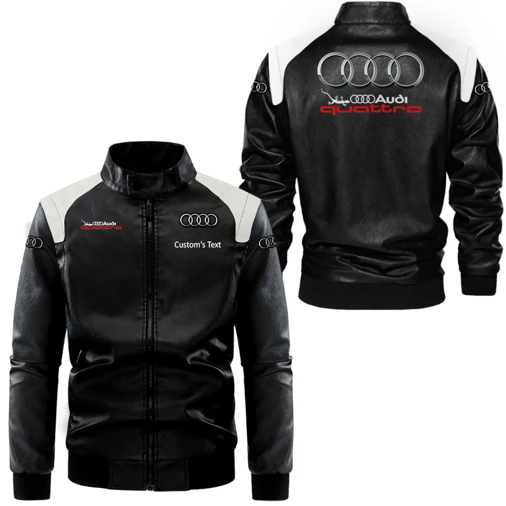 Audi Quattro Lederjacke in Schwarz-Weiß für Auto-Fans, Allover-Print, personalisierbar mit Wunschname CAR0801062043