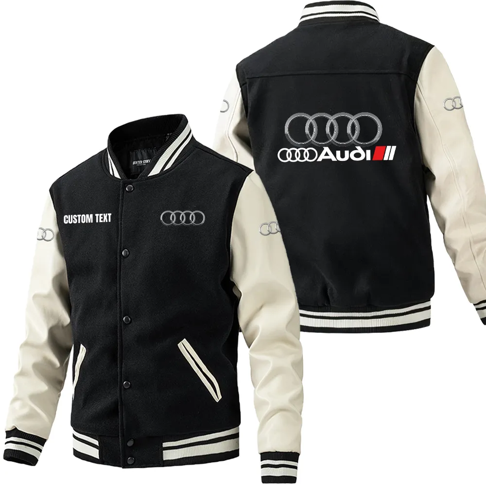 Audi Sport Leder-Baseballjacke für Auto-Fans – Ärmel mit All-Over-Print, personalisierbar mit Wunschname CAR1801112035 - Schwarz Weiß