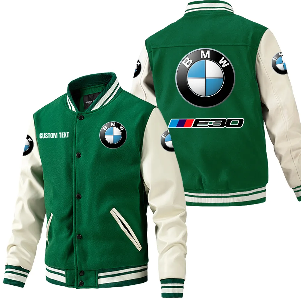 Bmw e30 Leder-Baseballjacke für Auto-Fans – Ärmel mit All-Over-Print, personalisierbar mit Wunschname CAR1801112040 - Grün