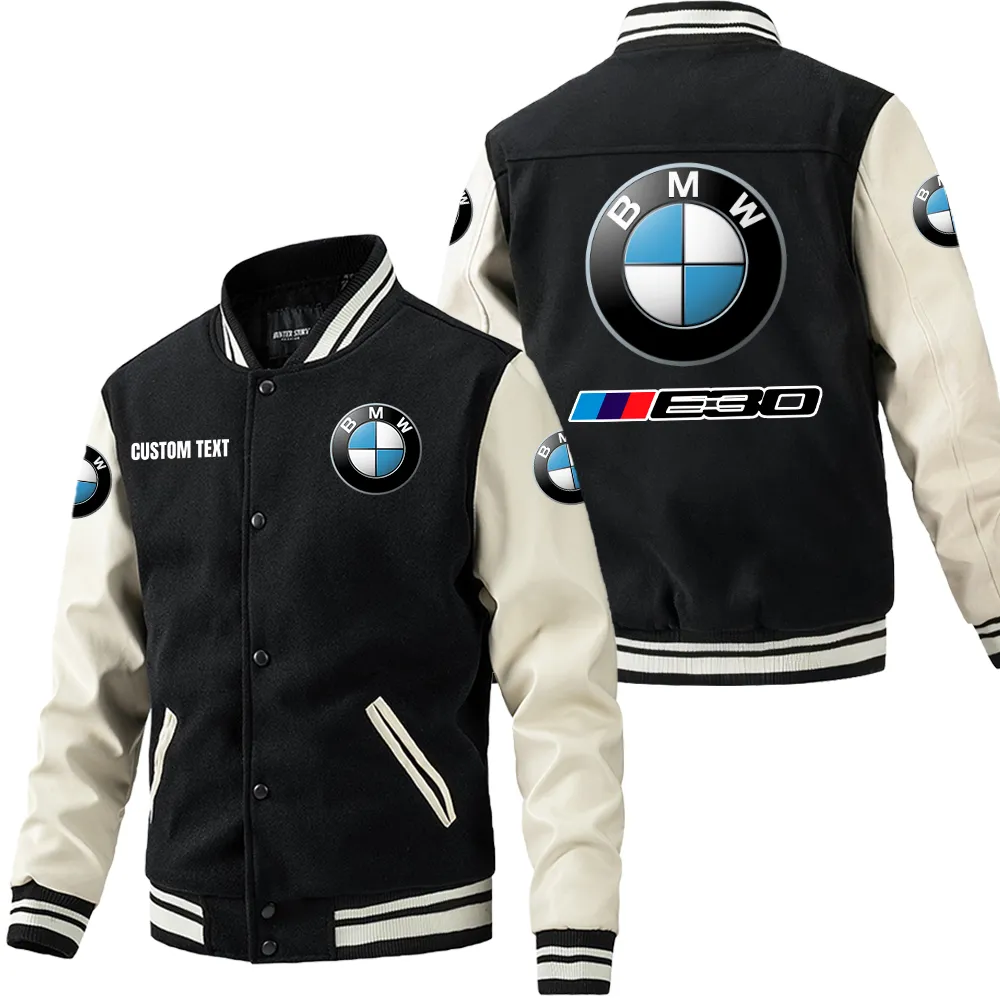 Bmw e30 Leder-Baseballjacke für Auto-Fans – Ärmel mit All-Over-Print, personalisierbar mit Wunschname CAR1801112040 - Schwarz Weiß