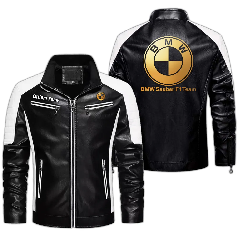 bmw f1 Custom Herren Lederjacke für Autoliebhaber, Perfektes Geschenk mit Namen  CAR0401022054 - Schwarz