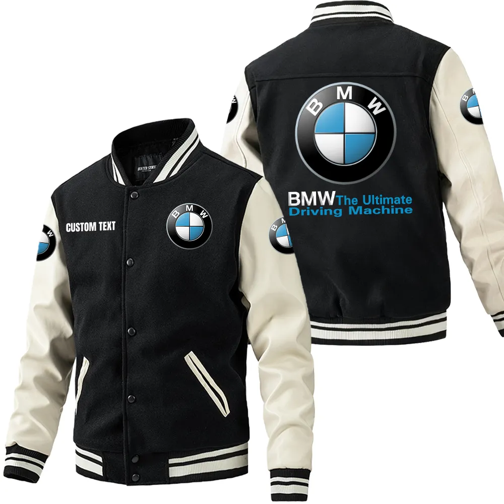 BMW Leder-Baseballjacke für Auto-Fans – Ärmel mit All-Over-Print, personalisierbar mit Wunschname CAR1801112045 - Schwarz Weiß
