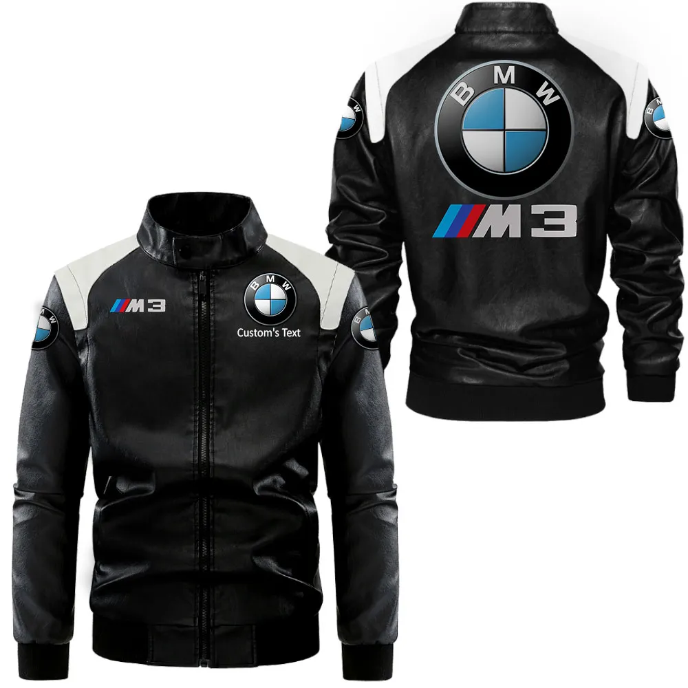 BMW M3 Lederjacke in Schwarz-Weiß für Auto-Fans, Allover-Print, personalisierbar mit Wunschname CAR0801062054