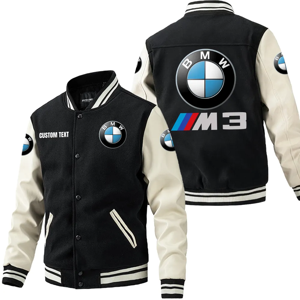 Bmw motorcycles Leder-Baseballjacke für Auto-Fans – Ärmel mit All-Over-Print, personalisierbar mit Wunschname CAR1801112048 - Schwarz Weiß