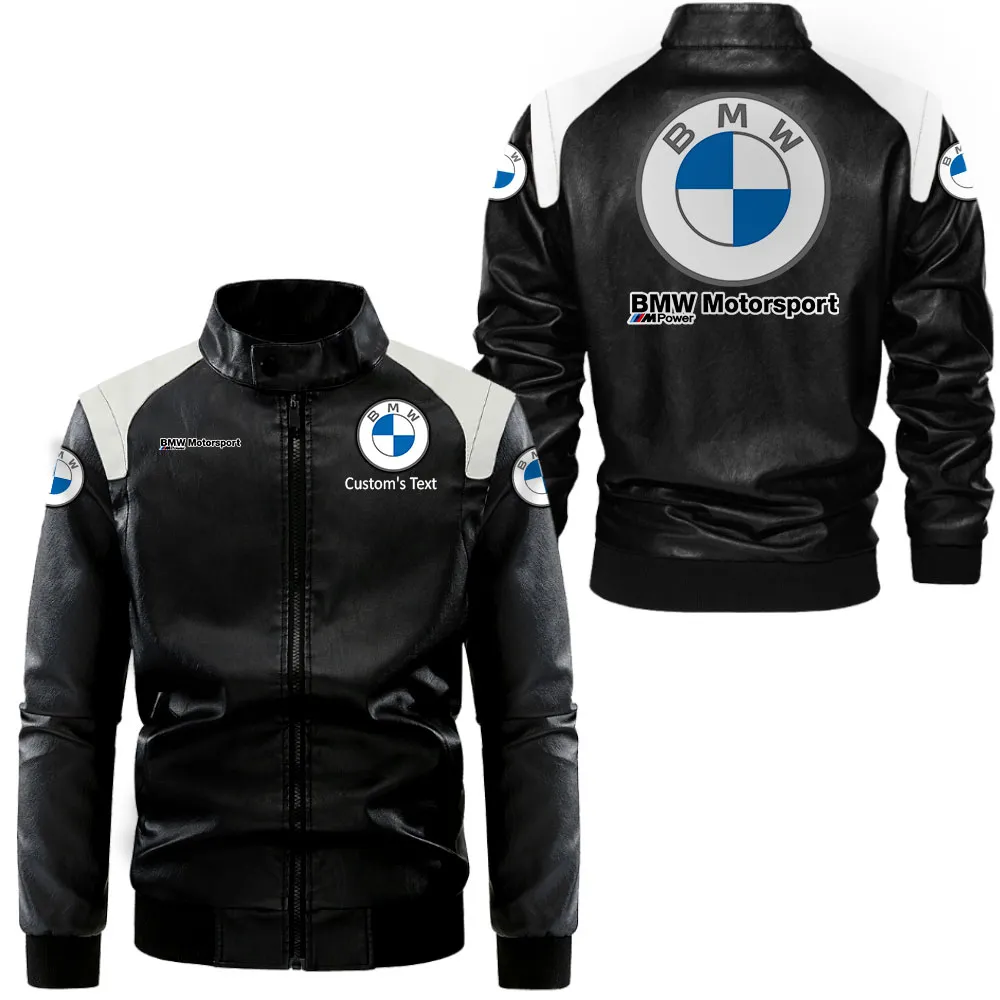 bmw racing lederjacke in schwarz wei fr auto fans allover print personalisierbar mit wunschname car0801062062 qgsgc