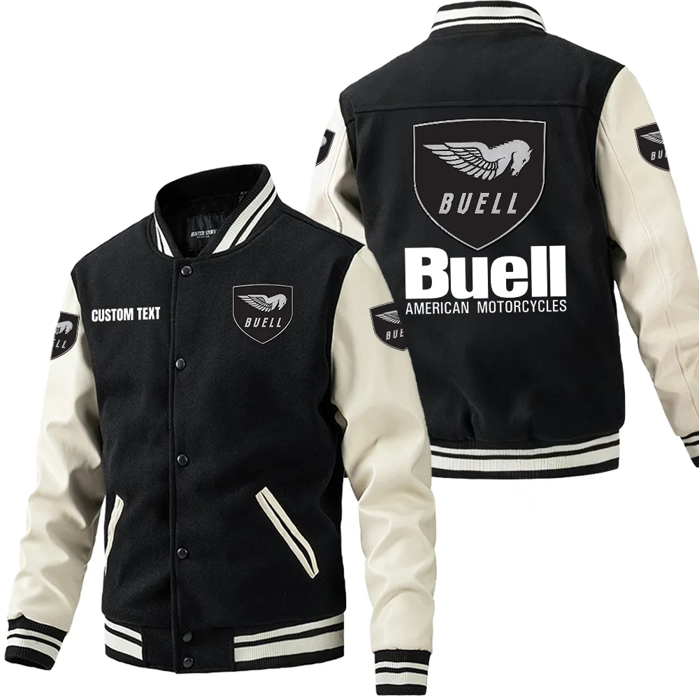 Buell Motorcycles Leder-Baseballjacke für Auto-Fans – Ärmel mit All-Over-Print, personalisierbar mit Wunschname CAR1801112066 - Schwarz Weiß