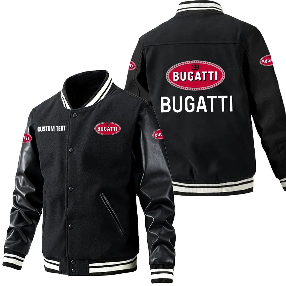 Bugatti Leder-Baseballjacke für Auto-Fans – Ärmel mit All-Over-Print, personalisierbar mit Wunschname CAR1801112067 - Schwarz