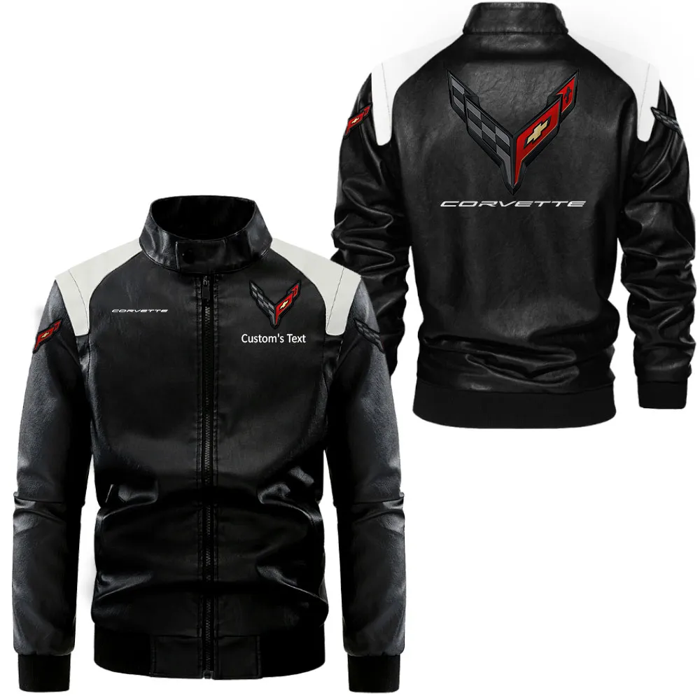 c8 corvette Lederjacke in Schwarz-Weiß für Auto-Fans, Allover-Print, personalisierbar mit Wunschname CAR0801062078